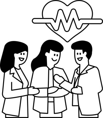 Üç kişi gülümsüyor ve el ele tutuşuyor. Görüntü, doktor ve hasta ilişkileriyle ilgili. Sahne olumlu ve dostane.