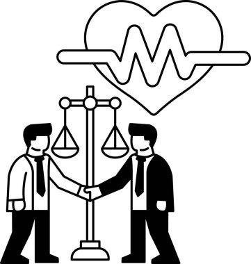 İki adam bir kalp ve bir tartının önünde el sıkışıyor. Adalet ve adalet kavramı