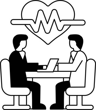 Önlerinde dizüstü bilgisayarla bir masada oturan iki adam. Soldaki adam takım elbise ve kravat takıyor. Sağdaki adam beyaz bir laboratuvar önlüğü giyiyor. Laptop açık.