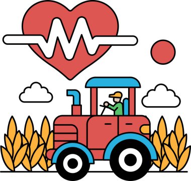 Bir adam tarlada traktör kullanıyor. Traktör bir kalp ve tıbbi sembolle çevrili. Ziraatin önemi ve ülkenin sağlığı arasındaki bağlantı kavramı