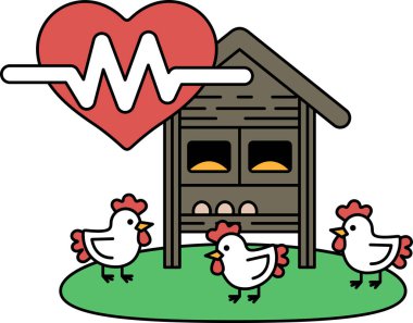 Bir kalp, üzerinde EKG olan bir çizgi ile gösterilir. Üç tavuk bir evin önünde duruyor.