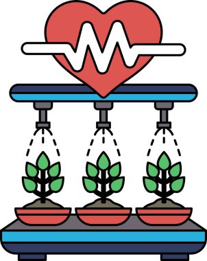 Bir kalp, içinden üç su püskürtüsü çıkan bir kalp olarak gösterilir. Spreyler bitkileri suluyor.