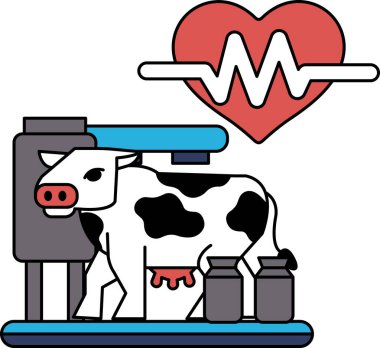 Kalbe benzeyen bir makinenin yanında duran bir ineğin siyah beyaz çizimi. İnek birkaç süt testisiyle çevrilidir ve makine 