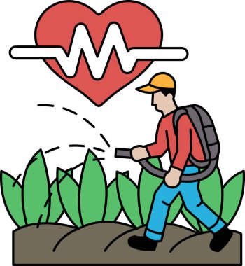 Bir adam elinde yangın hortumuyla ormanda yürüyordu. Acil durum ve tehlike kavramı, çünkü adam muhtemelen yangını söndürmeye ya da yayılmasını engellemeye çalışıyor.