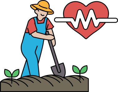 Bir adam yerde bir çukur kazıyor. Arka planda kalp gösteriliyor ve adam elinde bir kürek tutuyor. Çukur kazmak için çabalayan bir adam olarak sıkı çalışma ve adanmışlık kavramı.