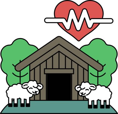 Üzerinde bir kalp ve önünde bir çift koyun olan bir ahır resmi.