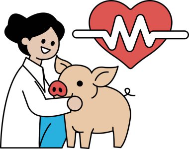 Bir kadın bir domuz tutuyor ve gülümsüyor. Domuz bir hastane ortamında. Kadın bir doktor.