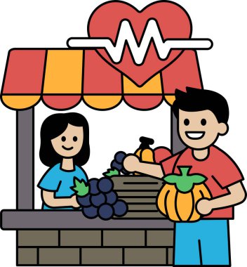 Bir erkek ve bir kadın meyve tezgahındalar. Adam gülümsüyor ve elinde bir balkabağı tutuyor. Kadın gülümsüyor ve elinde bir demet üzüm tutuyor. Sahne neşeli ve neşeli.