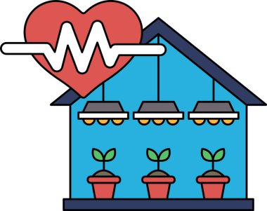 Üzerinde kalp olan bir ev ve içinden bir bitki çıkıyor. Evin etrafı bitkilerle çevrili ve yeşil ve sağlıklı bir havası var.