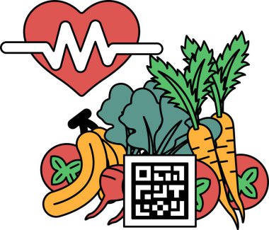 Kalp, havuç ve soru cevap kodu da dahil olmak üzere bir grup sebzeyle çevrilidir. Sağlıklı beslenme kavramı ve vücuduna dikkat etmenin önemi.