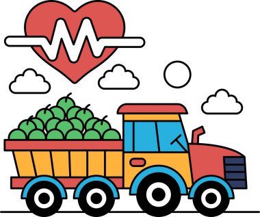 Elma taşıyan bir kamyonun siyah beyaz çizimi. Kamyon, üzerinde bir kalp olan bir yoldan aşağı doğru gidiyor. Kalp, kamyonun yan tarafında bulunan bir dalgayla çevrilidir.