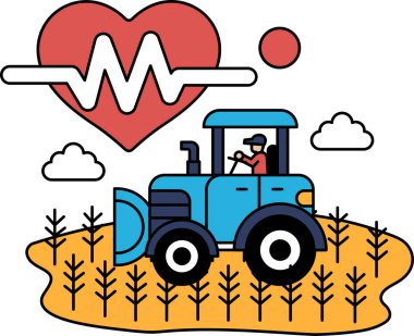 Bir traktör yerde bir kalple tarladan geçiyor. Kalp bulutlarla çevrili ve gökyüzü mavi. Traktör kalbe doğru gidiyor.