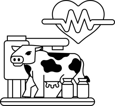 Kalbe benzeyen bir makinenin yanında duran bir ineğin siyah beyaz çizimi. İnek birkaç süt testisiyle çevrilidir ve makine 