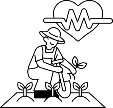 Bir adam bahçeye bir ağaç dikiyor. Büyüme ve yetiştirme kavramı, insanın bitkiyle ilgilenmesi ve gelişmesine yardım etmesi gibi. Siyah ve beyaz renk şeması sonsuz bir renk ekler