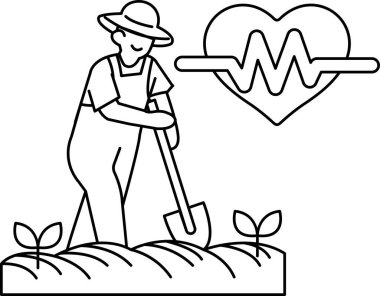 Bir adam yerde bir çukur kazıyor. Arka planda kalp gösteriliyor ve adam elinde bir kürek tutuyor. Çukur kazmak için çabalayan bir adam olarak sıkı çalışma ve adanmışlık kavramı.