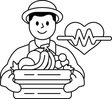 Bir adam bir sepet meyve ve sebze tutuyor. Arka plandaki kalp sembolü sağlıklı beslenmenin önemini temsil ediyor.