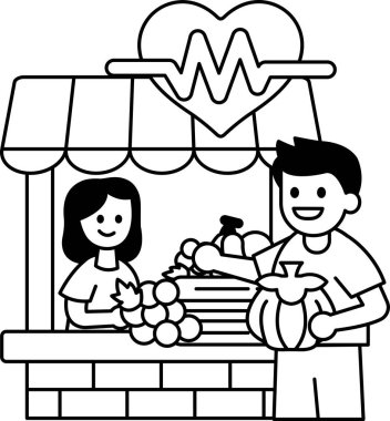 Bir erkek ve bir kadın meyve tezgahındalar. Adam gülümsüyor ve elinde bir balkabağı tutuyor. Kadın gülümsüyor ve elinde bir demet üzüm tutuyor. Sahne neşeli ve neşeli.