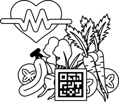 Kalp, havuç ve soru cevap kodu da dahil olmak üzere bir grup sebzeyle çevrilidir. Sağlıklı beslenme kavramı ve vücuduna dikkat etmenin önemi.