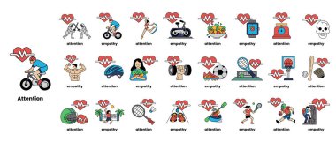 Resim, spor, yemek ve diğer eşyalar da dahil olmak üzere çeşitli kalp temalı ikonların bir koleksiyonudur. Simgeler, her birinin farklı renk ve boyutta olduğu bir ızgarada sıralanır.