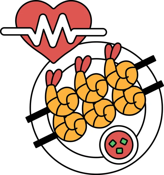 Üzerinde karides ve kalp olan bir tabak yemek. Kalp siyah ve beyaz bir çizgi ile çevrilidir.