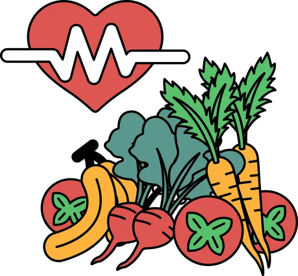 Kalp, havuç, kereviz ve brokoli de dahil olmak üzere sebzelerle çevrilidir. Kalp atışı gibi görünen bir çizgi ile çevrili.