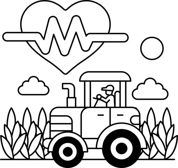 Bir adam tarlada traktör kullanıyor. Traktör bir kalp ve tıbbi sembolle çevrili. Ziraatin önemi ve ülkenin sağlığı arasındaki bağlantı kavramı