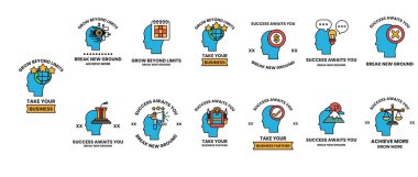 The image is a series of blue heads with various words and phrases written on them. The heads are arranged in a grid, with some heads overlapping others