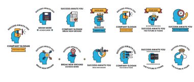 A series of blue heads with a white background. The heads are labeled with different words and phrases such as 