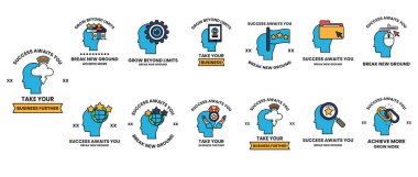 The image is a series of blue heads with various icons and text. The text reads 