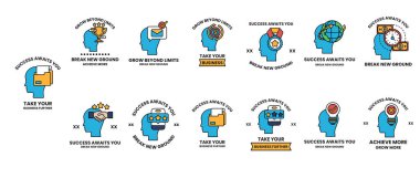 The image is a collection of different head designs with various words and phrases written below them. Scene is positive and motivational