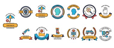 Bir sağlık hizmeti rozeti koleksiyonu. Bazı rozetlerin üzerinde kalp var. Rozetler farklı renk ve boyutlarda.