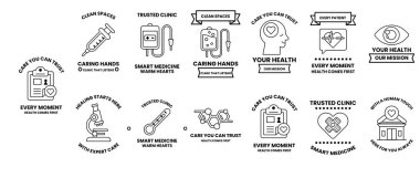 Tıbbi semboller ve simgeler koleksiyonu. Semboller arasında bir şırınga, bir steteskop, bir kalp ve bir ev var. Sahne sağlık ve sağlıklıdır.