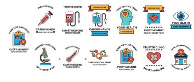 A collection of medical symbols and icons, including a heart, a syringe, and a thermometer