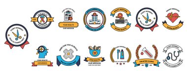 Çeşitli sembol ve tasarımlara sahip bir rozet koleksiyonu. Bazı rozetlerin tıbbi teması var, bazılarının ise daha genel bir teması.