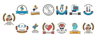 Çeşitli sağlık hizmetleri için sembol ve simge koleksiyonu. Semboller arasında bir kalp, bir pano, bir termometre ve bir kitap var.