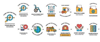 A collection of health related icons and symbols. The icons include a heart, a stethoscope, a wheelchair, a camera, and a truck. The text accompanying the icons reads 