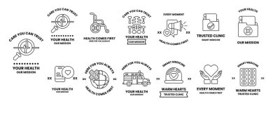 Görüntü, sağlıkla ilgili farklı simgelerden oluşan bir koleksiyondur. Simgeler arasında bir kalp, bir tekerlekli sandalye, bir itfaiye kamyonu, bir otobüs, bir steteskop, bir kamera, bir kitap, bir kalem, bir cep telefonu, bir bilgisayar yer alıyor.