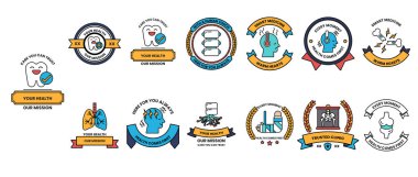 Çeşitli sembol ve tasarımlara sahip bir rozet koleksiyonu. Rozetler sıraya dizilir ve içinde bir kalp, bir diş, bir beyin, bir akciğer, bir el, bir kafatası, bir kafatası ve bir kafatası bulunur.