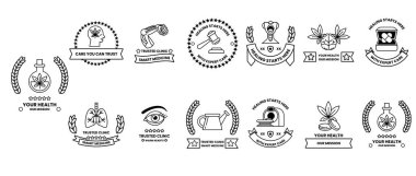 12 farklı sembol ve logodan oluşan bir set. Bir çift göz, bir fincan, bir çiçek ve bir kalp.