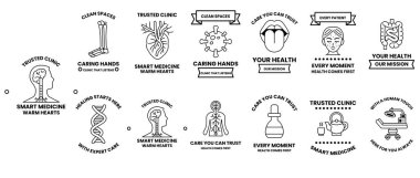 Bir kalp, dil ve beyin de dahil olmak üzere tıbbi semboller ve logolar koleksiyonu. Metinde 