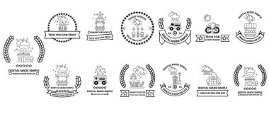 Çeşitli sembol ve tasarımlara sahip bir dizi siyah beyaz logo. Logoların hepsi ulaşım, arabalar, otobüsler, trenler ve bisikletler ile ilgili.