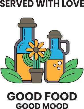 Bir şişe iyi yemek bir çiçek ve bir yaprak ile servis edilir. Mutluluk ve pozitiflik kavramı