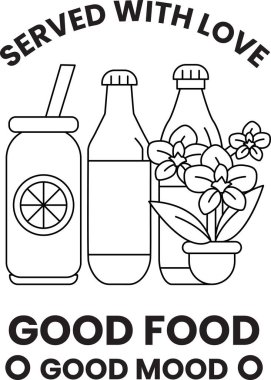 Bir içki, bir şişe ve bir bitkinin siyah beyaz çizimi. İçki bir pipet ve bir dilim portakalla servis edilir.