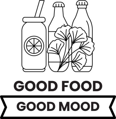 Bir şişe meyve suyu, bir şişe su ve üzerinde yaprak olan bir şişe içeceğin siyah beyaz çizimi. Görüntünün başlığı: 