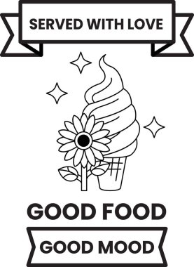 Üzerinde çiçek ve dondurma külahı olan siyah ve beyaz bir poster. Posterde 