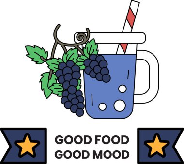 Üzerinde pipet ve üzüm olan mavi bir bardak. Görüntünün başlığı: 