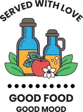 Bir şişe elma suyu ve bir şişe portakal suyu yapraklı yeşil bir bitki ile servis edilir. Görüntü iyi yemek ve iyi ruh haliyle ilgili.