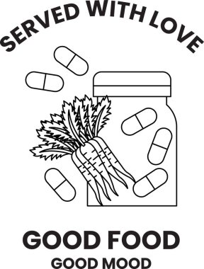 Beyaz arka planda bir kavanoz hap ve havuç var. Kavanozda 