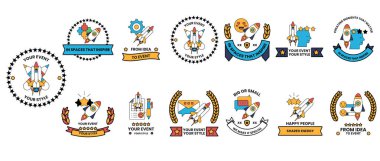 Ortasında yıldız olan renkli rozet koleksiyonu. Yıldız, kurdeleli bir daire ile çevrilidir. Rozetlerin hepsi farklı şekil ve boyutlarda.