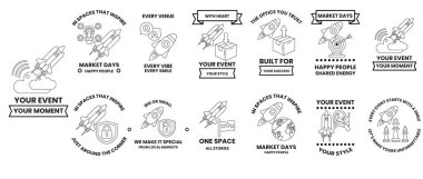 Görüntü, bir olay konseptiyle ilgili farklı tasarımların bir koleksiyonudur. Tasarımlar arasında bir roket, bir bayrak, bir insan ve gülen bir yüz var. Sahne neşeli ve kutlama dolu.